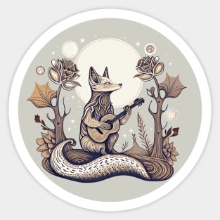 Cottagecore Moon, Fox Playing Acoustic Guitar Sticker